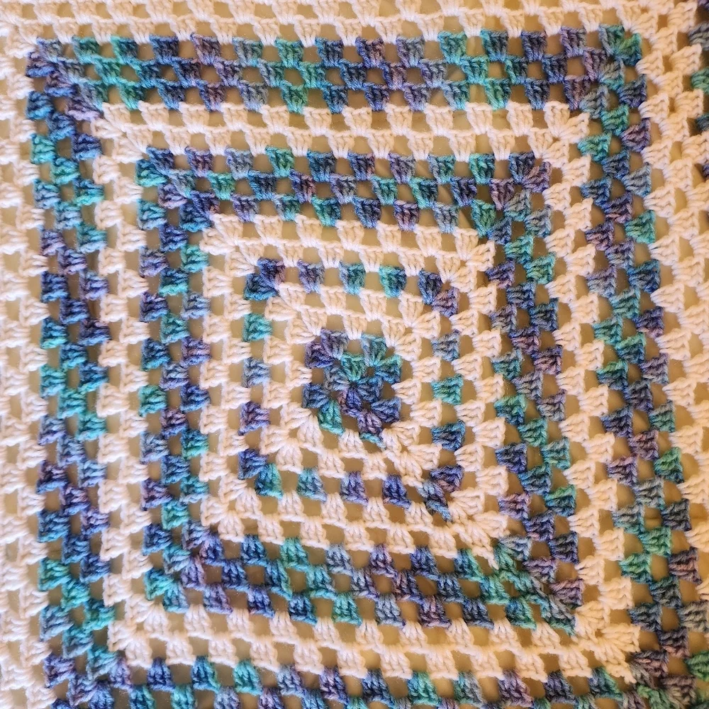 Handmade Blue & White Crochet Blanket Beach Ocean Colors Granny Square 60x60